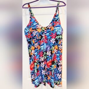 New Tropical Swimdress, 2 Piece, Bikini Bottom, Size XXL, Split Strap & V Neck